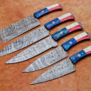 Damascus Chef Set Of 5 Piece&#39;s Custom Handmade Gift Chef Set  Handmade Damascus Chef Set Personalized Gift For Mother Mother day gift