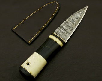 Handmade Damascus Steel Sgian Dubh: Scottish Dirk Knife with Bone Handle & Sheath