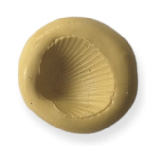 May include: A light beige, circular mould with a seashell design. The mould has a raised, rounded edge and a detailed interior pattern resembling the radiating lines of a seashell. The mould is made of a solid material and sits on a white background.