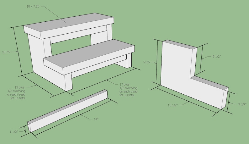 May include: Diagram of a two-step wooden staircase with dimensions labeled in inches. The staircase is 18 inches wide and 7.25 inches deep. Each step is 13 inches long plus a 1/2 inch overhang. The total length of the staircase is 17 inches plus a 1/2 inch overhang. The height of the staircase is 10.75 inches. The diagram also shows a 14-inch long piece of wood that is 1 1/2 inches wide. A separate diagram shows a 9.25-inch tall, L-shaped piece of wood with dimensions of 13 1/2 inches by 5 1/2 inches by 3 3/4 inches.