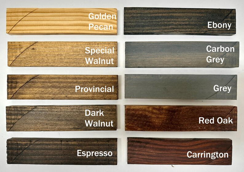 May include: A wood stain color chart with ten different wood stain colors. The colors are: Golden Pecan, Special Walnut, Provincial, Dark Walnut, Espresso, Ebony, Carbon Grey, Grey, Red Oak, and Carrington.