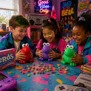 May include: Three children are gathered around a table with colorful toys and candy. They are holding frog-shaped containers in red, purple, and green. A box of Nerds Rainbow candy and a purple Game Boy are also visible.