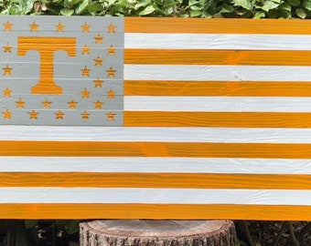 Handmade Wooden American Flag with Team Logo/Colors *Hand Engraved* Large (36 x 19.5)