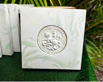 Carrelage effet marbre vert doux de 3,9 pouces fait main – Carrelage décoratif classique Warrior Medallion