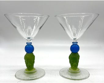 Vintage Richard Jolley Martini Brille mit grünem und blauem geformtem Stiel - 2er Set