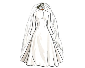 Custom Wedding Dress Illustration | Original 5x7 Bridal Watercolor Painting | Wedding Dress Sketch | Personalized Wedding Gift for Bride Art