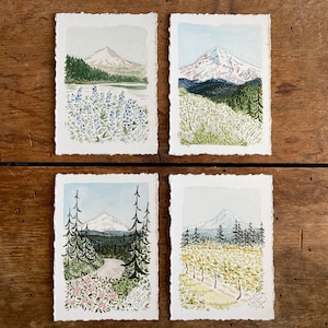 Set of Four Mt. Hood Prints with Deckled Edges | 5x7 Mount Hood Watercolor Paintings | Mt Hood Art | Mount Hood Oregon Wildflower Wall Art
