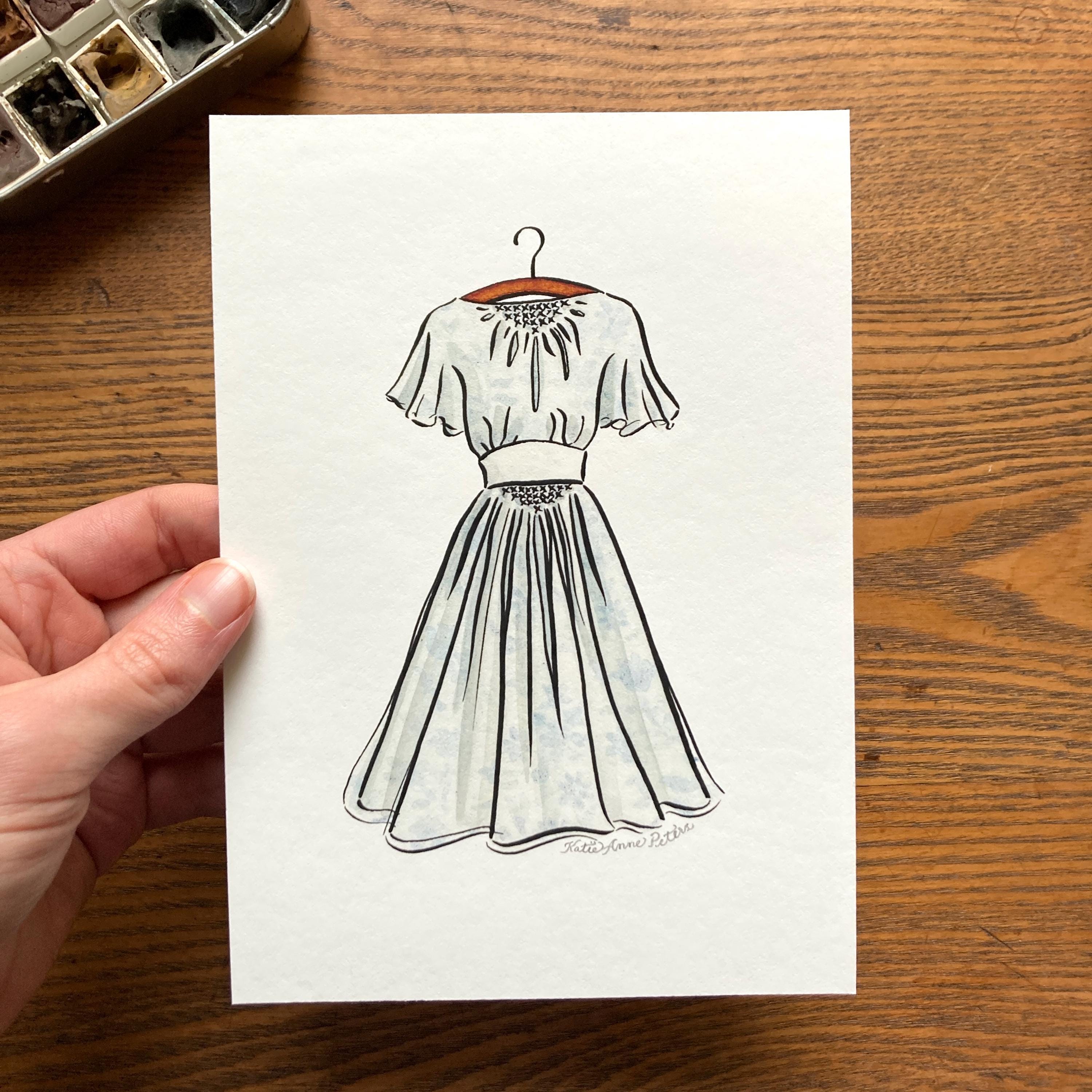 Sound of Music Blue Dress Print | 5x7 Watercolor Print | Old