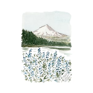 Spring at Trillium Lake Print | 5x7 Watercolor Painting | Mt. Hood National Forest | Mount Hood Oregon Flowers | PNW Wildflower Art Print