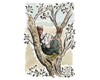 Girl Reading in Tree Print | 5x7 Watercolor Painting | Girl Reading Print | Bookish Gift | Book Lover Gifts | Girl Reading Wall Art