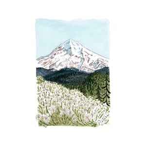 Mt. Hood Daisies Print | 5x7 Watercolor Painting | Mt Hood Art | Mount Hood Oregon Flowers | PNW Wildflower Print | Wy&#39;East Mt Hood Wall Art