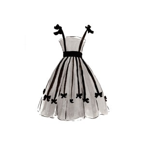 Black Bow Dress Print | 5x7 Watercolor Painting Print | Old Hollywood Decor | Grace Kelly Dress | Black and White Fashion Illustration Art