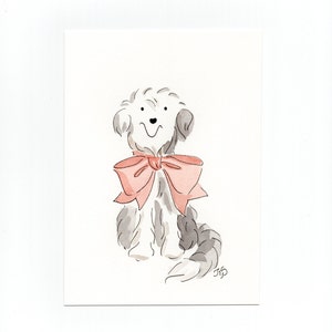 Old English Sheepdog Painting | Original 5x7 Watercolor Sheepdog Art | Dog with Bow | English Sheepdog Gift | Old English Sheepdog Wall Art