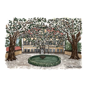May include: A watercolor painting of a yellow building with a red roof, surrounded by green trees and a circular green bush with a fountain in the center. The text "Katie Anne Peters" is in the bottom right corner of the painting.