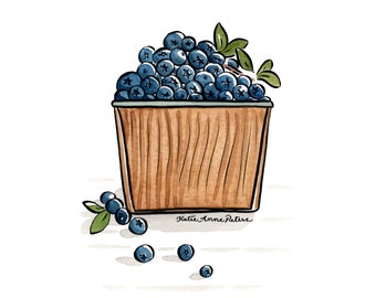 Blueberry Basket Print | 5x7 Watercolor Painting of Blueberries | Wild Blueberry Art | Fresh Blueberry Print | Summer Kitchen Wall Art