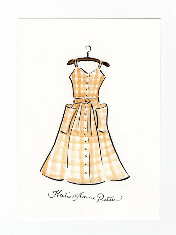 Yellow Gingham Dress Original 5x7 Watercolor Painting Pen and Ink  1950s Dresses Handmade Vintage Style Fashion Illustration Wall Art