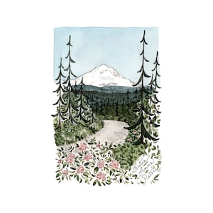 Mt. Hood Rhododendrons Print | 5x7 Watercolor Painting | Mt Hood Art | Mount Hood Oregon Wildflowers | PNW Forest Print | Mt Hood Wall Art