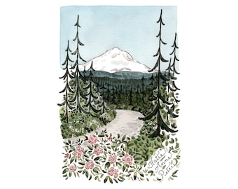 May include: Watercolor painting of a mountain scene with a snow-capped peak, surrounded by a forest of evergreen trees. A path winds through the trees, leading to the mountain. The painting is signed "Hattie Anne Peters" in the bottom right corner.