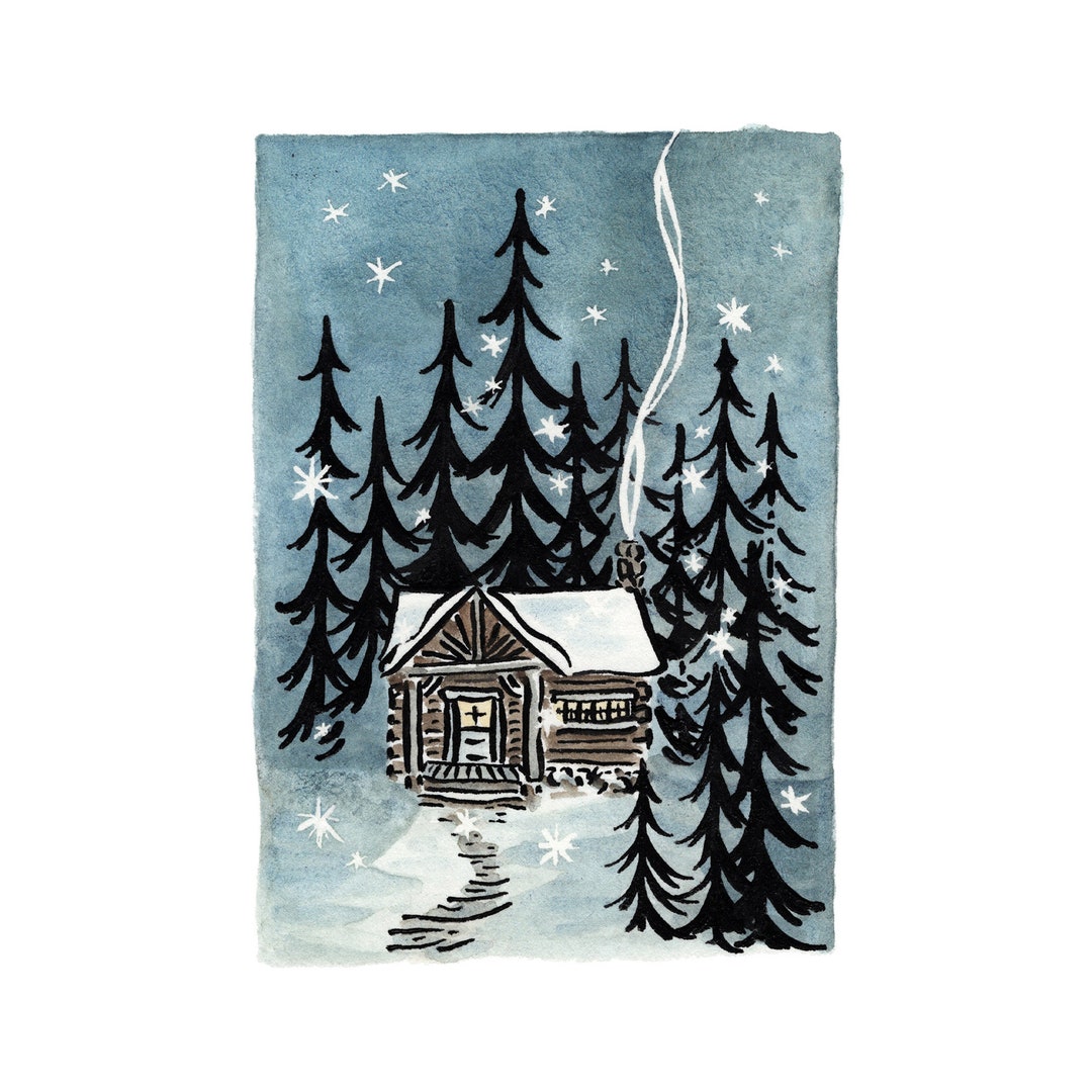 Log Cabin in the Snow Print 5x7 Painting Mt. Hood Forest Art Mount Hood ...