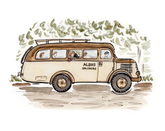 Sound of Music Bus Print | 5x7 Sound of Music Watercolor | Julie Andrews Sound of Music Painting | I Have Confidence Sound of Music Wall Art