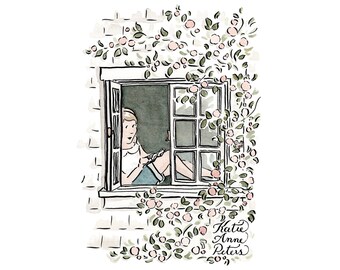 Girl Reading Print | 5x7 Giclee Print | Reading Girl Watercolor Art | Cottage Climbing Roses | Bookish Girl | Literary Reader Bookworm Gift