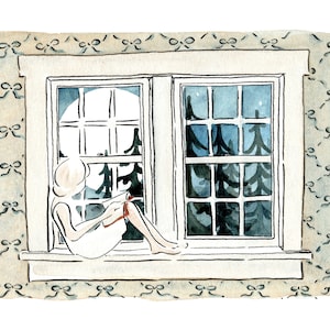 Girl Reading by Moonlight Print | 5x7 Watercolor Painting | Girl Reading Art Print | Bookish Girl Art | Library Wall Art | Book Club Gift