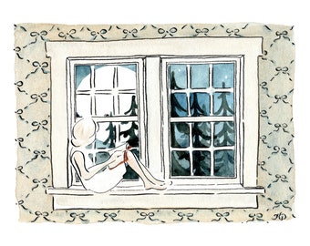 Girl Reading by Moonlight Print | 5x7 Watercolor Painting | Girl Reading Art Print | Bookish Girl Art | Library Wall Art | Book Club Gift