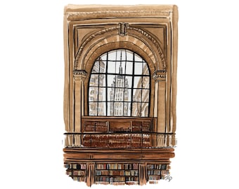 New York Public Library Print | 5x7 Watercolor Library Painting | Autumn in New York Print | New York in the Fall Empire State Building Art