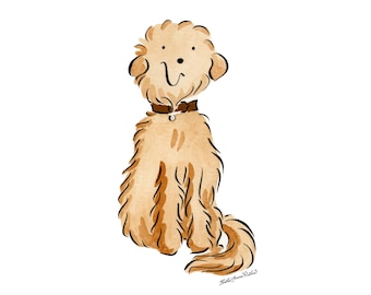 May include: Watercolor illustration of a fluffy, light brown dog with a brown collar. The dog is sitting with a smiling expression and a curly tail. The artwork has a whimsical, cartoonish style, perfect for pet lovers.