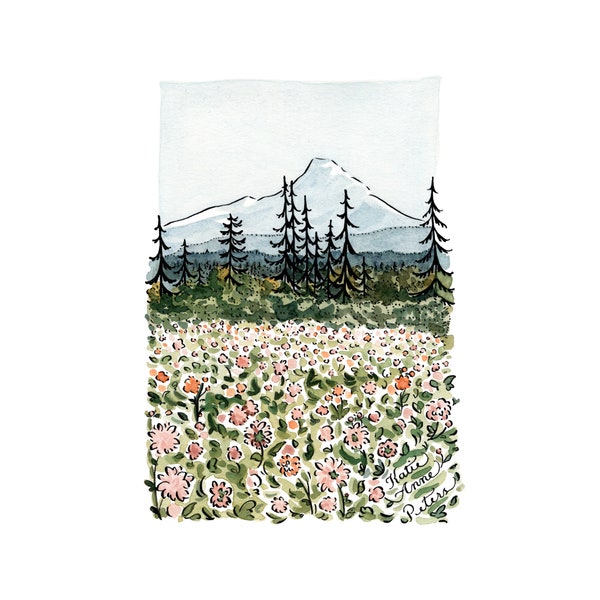 Hood River Dahlias | 5x7 Watercolor Print | Hood River Oregon Print | Mount Hood Forest | Mt View Orchards Dahlia Flowers | Mt Hood Wall Art