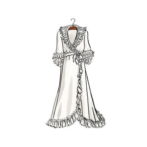May include: A white, long-sleeved robe with a ruffled collar and trim. The robe is tied at the waist with a sash and has a V-neckline.