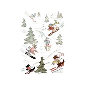 Ski Dogs Print | 5x7 Goldendoodle Watercolor Art | Skiing Dogs | Ski Wall Art | Goldendoodle Wall Art | Doodle Print | Goldendoodle Painting