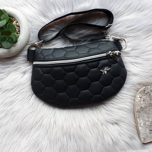 Black honeycomb & silver bee bum bag, crossbody bag