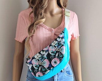 Flora flowers roses half moon bag, banana bag, sling bag, cross-body bag, shoulder bag, chest bag, crossbody bag