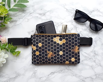Black honeycomb & gold Bee, bum bag for women