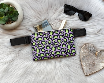 Purple and green leopard print bum bag