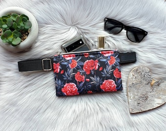Red peonies flowers bum bag fanny pack