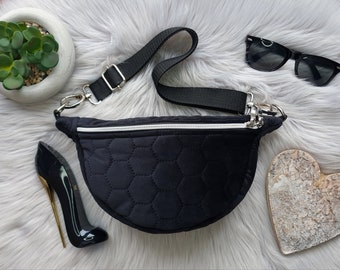 Black honeycomb half moon bag, banana bag, sling bag, cross-body bag, shoulder bag, chest bag, smallbag, black honeycomb crossbody bag