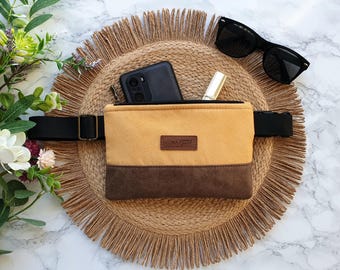 Brown yellow faux suede bum bag, crossbody bag