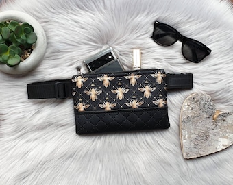 Queen Bee & black,  bum bag, fanny pack, small black bag, bee purse with belt