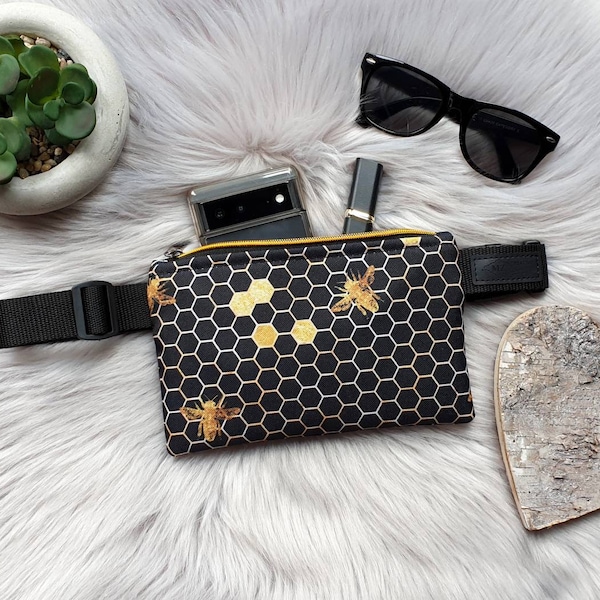 Black honeycomb & gold Bee, bum bag for women