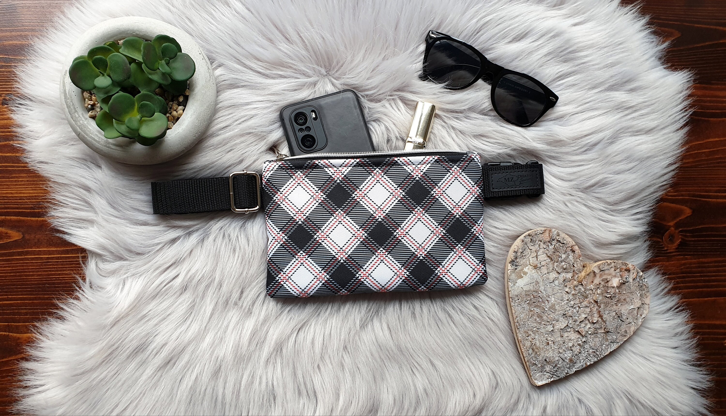 Tartan white black and red bum bag fanny pack