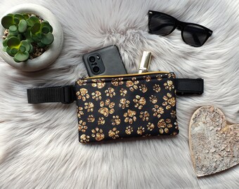 Paws print gold black bum bag, fanny pack, dog walking bag