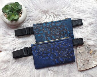 Dark blue green flower bum bag, fanny pack, hip bag, waist bag, belt bag