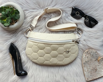 Cream bum bag faux leather fanny pack honeycomb sling bag crossbodybag
