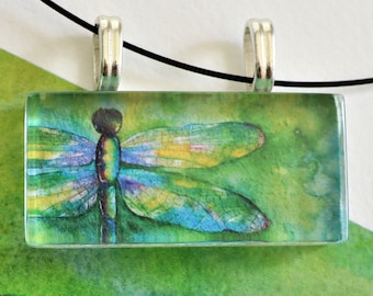 Dragonfly glass tile pendant with cord, artsy dragonfly necklace for women, dragonfly glass jewelry, modern insect dragonfly lover gift