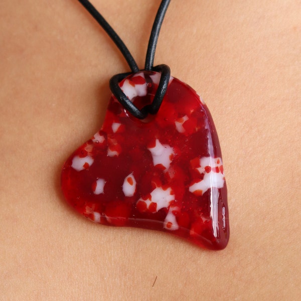 Red glass heart necklace, fused glass heart pendant, handmade red casted glass heart necklace, solid glass jewelry gift for her