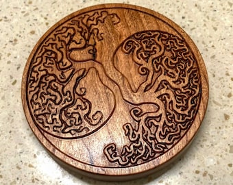 Carved Celtic Tree Hardwood Coaster. Yin Yang coaster. 4" Diameter. Made in Vermont
