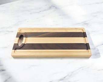 Walnut & Maple Cutting Board – Striped Wood Carving Board with Groove