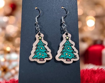 Handmade Wooden Christmas Tree Earrings | Sterling Silver Hooks